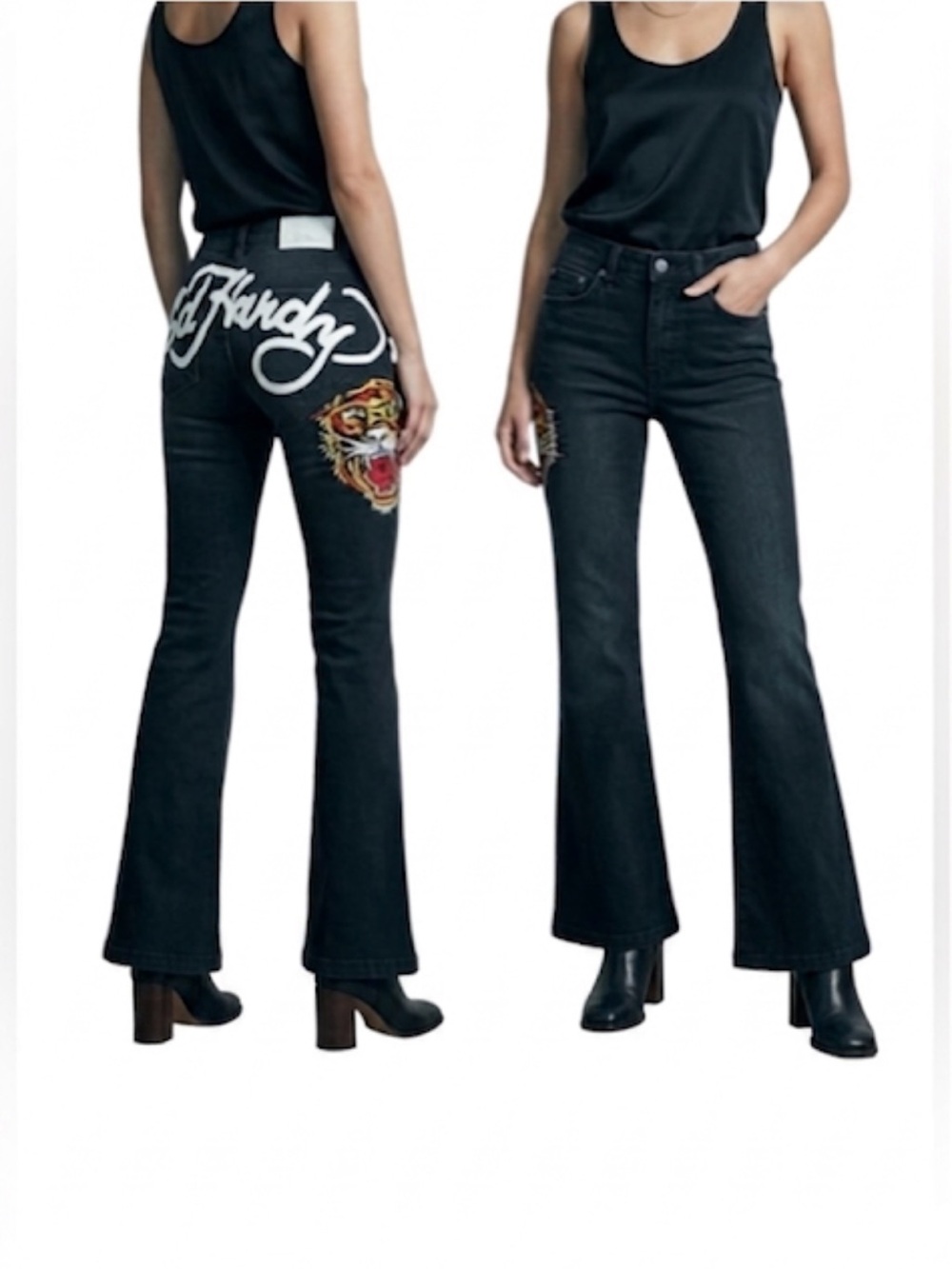 Y2K Ed Hardy Women's Biker Chic Black Denim Tiger head Slim Flare Jean Size: 30